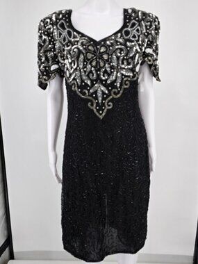 Vintage 1990s Laurence Kazar New York Silk Beaded Sequin Cocktail Dress (M)